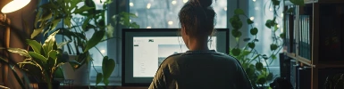 Eine blinde Frau sitzt vor dem Computer und navigiert sich per Tastatur durch die Website